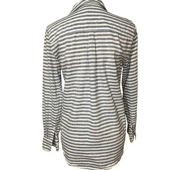 J. Crew Factory Blue & White Striped Linen/Cotton Blend Button Down Shirt sz SM - Picture 2 of 4